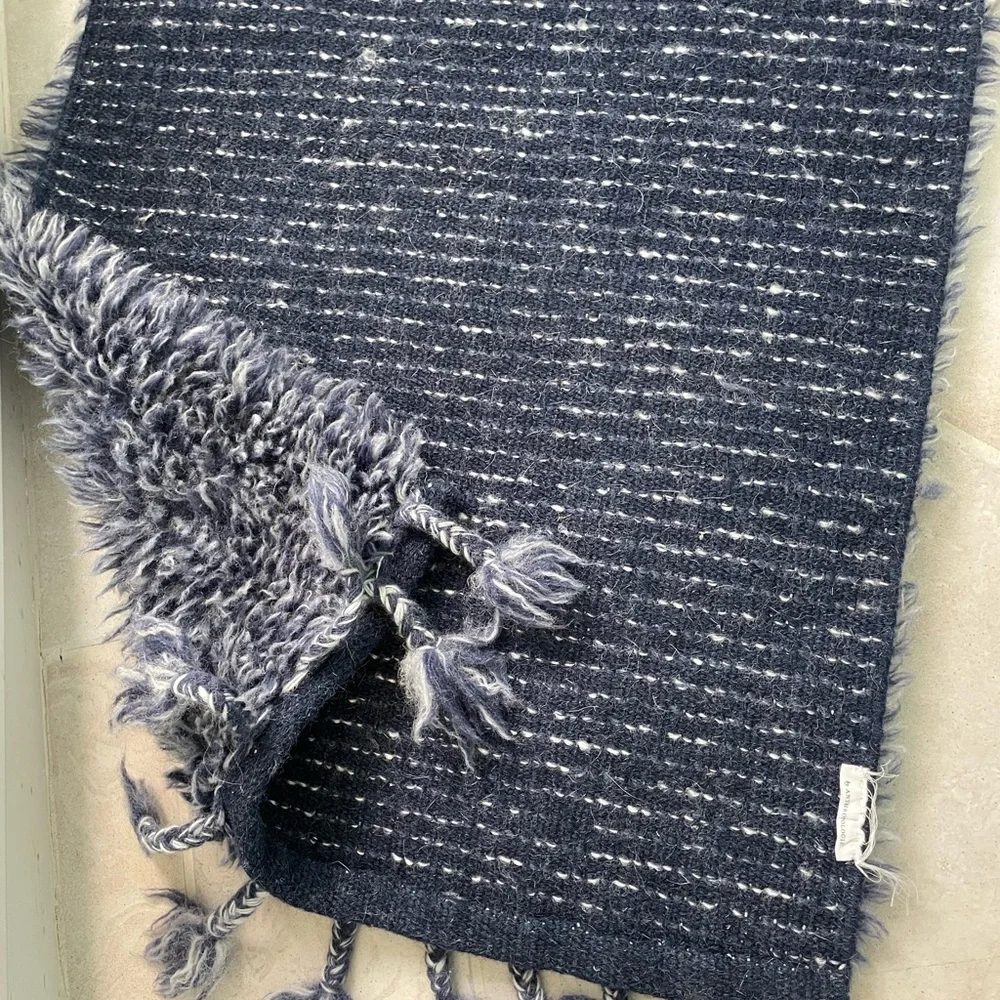 Anthropologie blue and white tassel wool shag rug bath mat 3X2